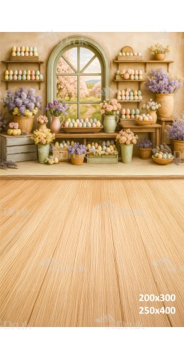 Tło fotograficzne z pastelowymi jajkami i wiosenną aranżacją przy oknie | E579